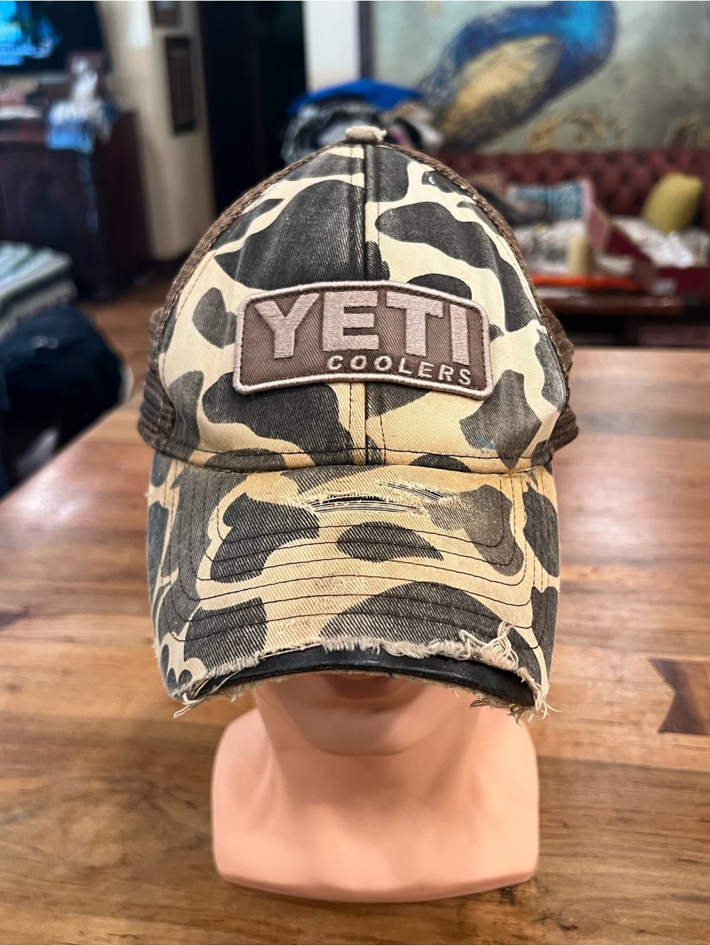 Yeti Cooler Distressed Camo Trucker Hat in Tan and Black
